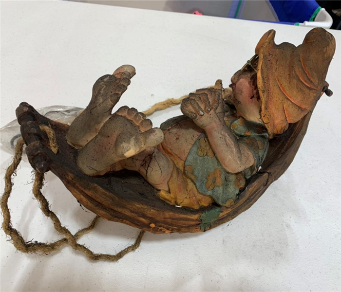 A soot covered gnome figurine in a basket